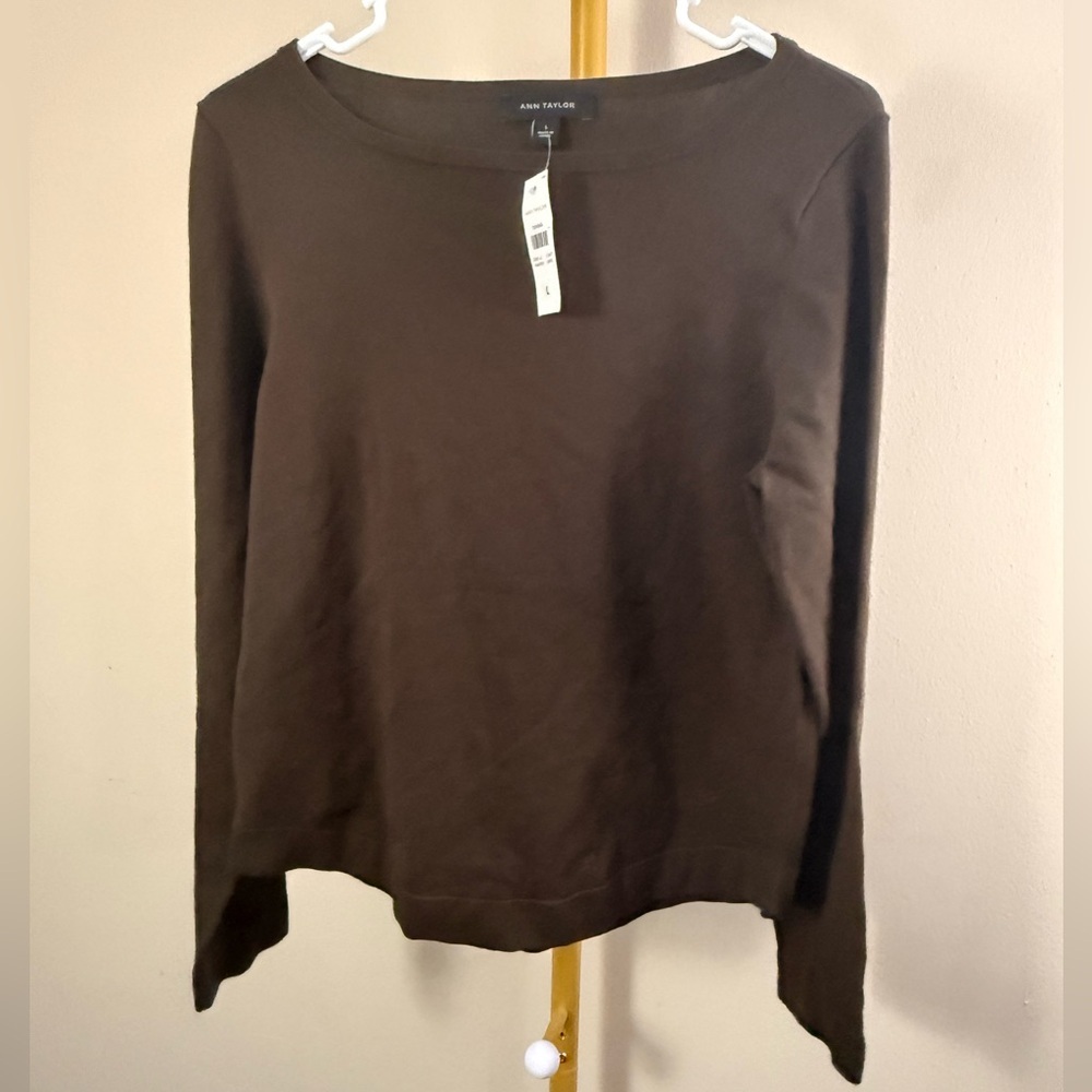 Ann Taylor Chocolate Brown Long Sleeve Boatneck Top Size L NWT